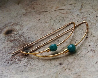 Delicate crescent moon hoop earrings in turquoise jade | Modern boho earrings | Genuine jewelry in 14k gold and sterling silver