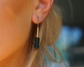 Moss Agate Statement Earrings, Black and Gold or Fully Gold Plated | Delicate Genuine Jewelry with Gemstones, Unique Pieces