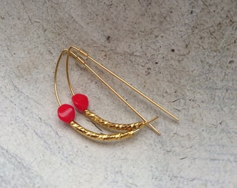 Elegant hoop gold earrings, 14K gold, sterling silver, red jade gemstone, tarnish-resistant earrings, minimal boho, gift for her
