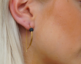 Delicate hoop gold earrings, 14K gold, sterling silver, black agate, tarnish-resistant earrings, elegant, minimalist, boho, gift for her