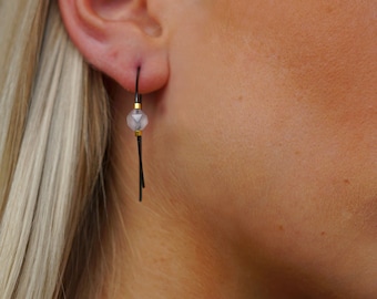 Delicate earrings, sterling silver, black oxidized, rose, kunzite gemstone, open hoops, boho, minimal, gift for her, statement