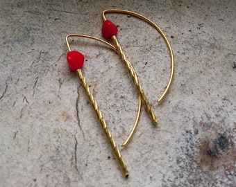 Delicate drop earrings, 14k gold, red jade stone, unique pieces, minimalist hoops, open creoles, timeless and filigree, a gift for her
