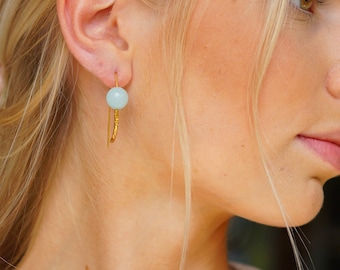 Crescent Moon Hoop Earrings Gold Amazonite Blue | Delicate Statement Earrings with Gemstone | Genuine Jewelry 14k Gold Plated Sterling Silver