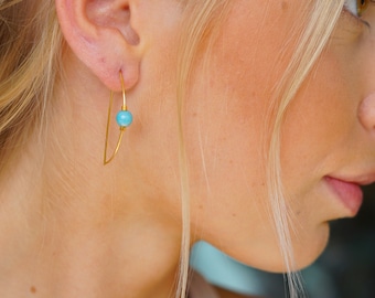 Delicate open hoop earrings, gold and blue | Amazonite gemstone pearl | Art Deco earrings | Genuine jewelry, 14k gold and sterling silver | Modern Boho