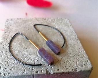 Art Deco earrings, black and gold | Gemstone: agate, purple | Genuine jewelry made of 1 sterling silver