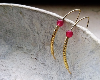 Elegant hoop gold earrings, 14K gold, sterling silver, red jade gemstone, tarnish-resistant earrings, minimal boho, gift for her