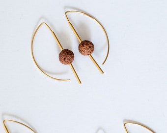 Elegant drop earrings, 14k gold, sterling silver, mocha lava stone, minimalist hoops, open hoops, timeless, boho, gift for her