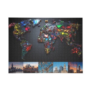 Rompecabezas de mapa del mundo con vidrieras de 96, 252, 500 y 1000 piezas / Rompecabezas con borde fotográfico de ciudades
