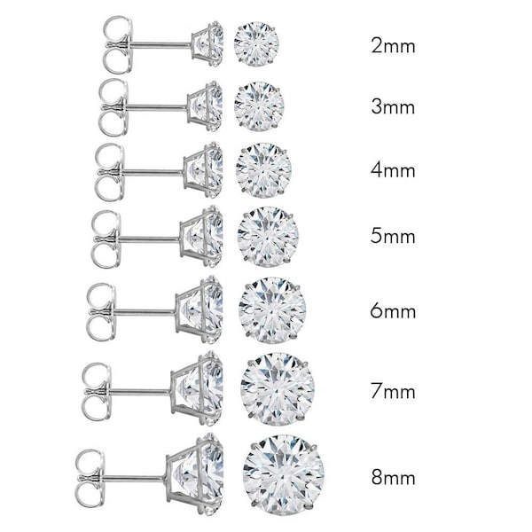 Diamond Stud Pushback Earring 14k White Gold 2mm, 3mm, 4mm, 5mm, 6mm, 7mm, 8mm