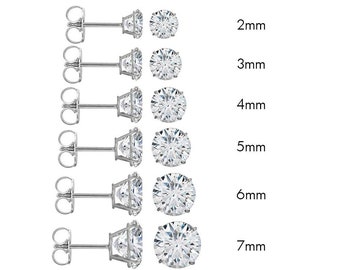 Diamond Stud Pushback Earring 14k White Gold 2mm, 3mm, 4mm, 5mm, 6mm, 7mm, 8mm