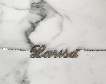14k Solid Gold Custom Name Plate Necklace Personalize Yellow + White + Rose Gold | Customize Script font