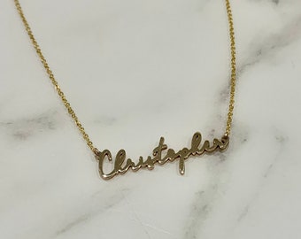 Dainty Script Nameplate Necklace 14k Solid Gold