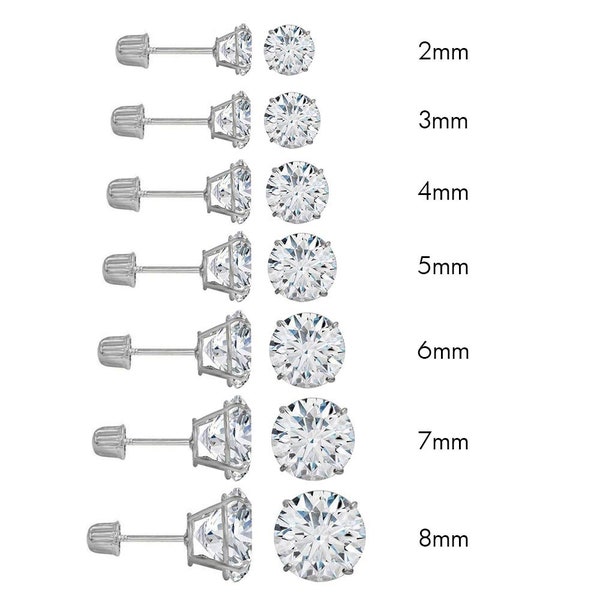 Diamond Stud Screwback Earring 14k White Gold 2mm, 3mm, 4mm, 5mm, 6mm, 7mm, 8mm