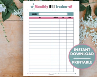 Monthly Bill Tracker Printable Log, Finance Printable, Bill Organizer, Bill Tracker - Fillable PDF - Letter & A5 Size *INSTANT DOWNLOAD*