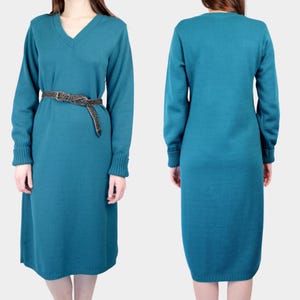 Vintage 70s Sears Midi Sweaterdress // Retro 1970s Minimalist Mod Blue Plus Size Long Sleeve Knit Dress, V Neck Winter Dress