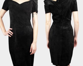 Vintage Black Suede Off Shoulder Dress Size M • Minimalist Bodycon Midi Pencil Dress • Firenze Santa Barbara USA LBD Cocktail Dress