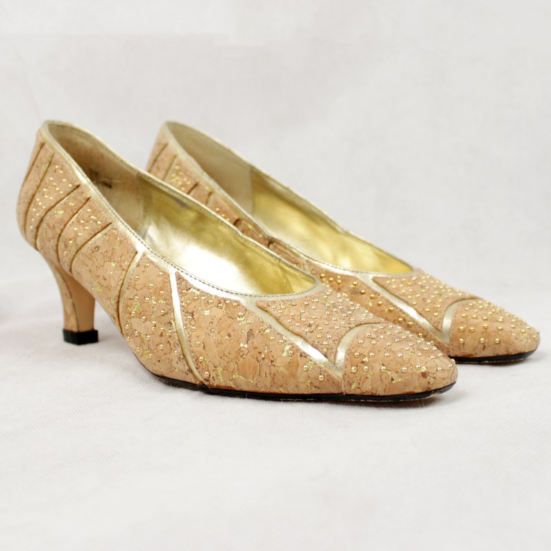 Vintage 80s J. Renee Metallic Studded Cork Pumps /// Retro Etsy