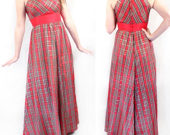 Vintage 70s Handmade Red Plaid Gown  ///  Retro 1970s Fit & Flare Cummerbund Holiday Maxi Dress, Party Dress, Cocktail Dress