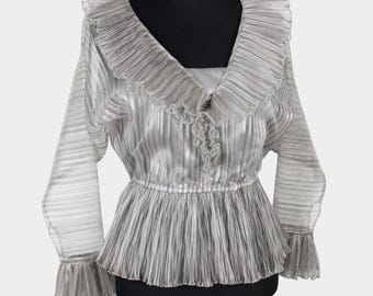 Vintage Anthony Muto Ruffle Trim Peplum Top // Retro 1980s Designer Organdy Sheer Sleeve Silver Blouse, Party Top