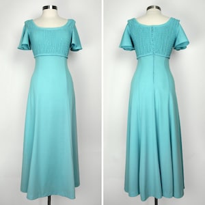 Vintage 70s Flutter Sleeve Maxi Dress, Formal Party Dress // Retro Long Blue Evening Gown, Prom Dress