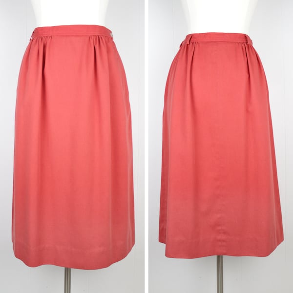 Vintage 80s Coral Denim Midi Skirt with Pockets  ///  Retro 1980s J.G. Hook High Waist Salmon Mid Length Skirt