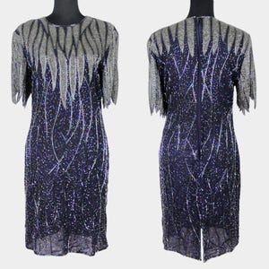Vintage Scala Beaded Silk Party Dress // Retro 80s / 90s Blue Formal Cocktail Dress, Black Tie Evening Dress, Prom Dress