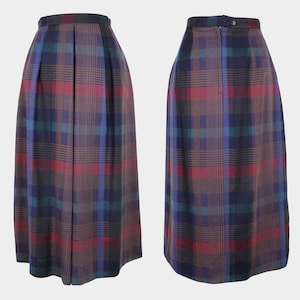 Vintage 70s / 80s Pleated Plaid Midi Skirt with Pockets // Retro High Waist Mid Length Wool Skirt, Uniform Skirt