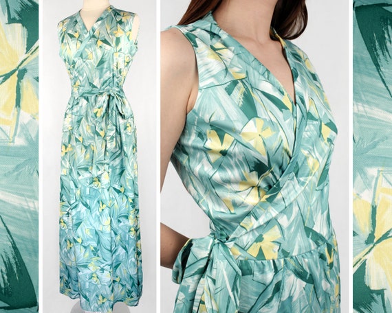 Vintage 70s Handmade Abstract Print Maxi Wrap Dres