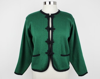 Vintage 70s / 80s Tally Ho Cardigan with Pockets  ///  Retro 1970s Green Minimalist Frog Closure Knit Sweater