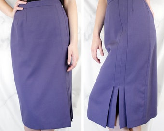 Vintage 80s Mod Pleated Pencil Skirt  ///  Retro 1980s Purple High Waist Minimalist Midi Skirt