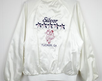 Vintage Embroidered Satin Square Dancing Bomber Jacket  ///  Retro White Silky Silver Stars Tucker Georgia Unisex Jacket