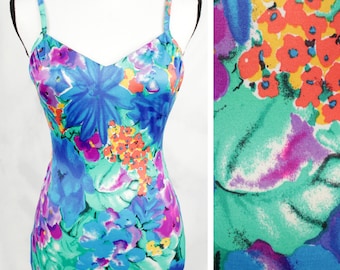 Vintage 90s Floral One Piece Swimsuit // Retro Roxanne Colorful Built in Bra Open Back Bathing Suit, Body Suit, Leotard, Beachwear