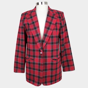 Vintage 80s Plaid Wool Blazer with Pockets // Retro 1980s Red Ladies Suit Jacket Size 8