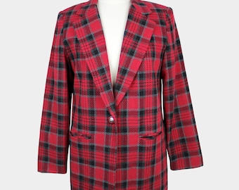 Vintage 80s Plaid Wool Blazer with Pockets // Retro 1980s Red Ladies Suit Jacket Size 8