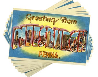 Vintage Style Pittsburgh Postcard (New) - 1, 3, or 5-Pack | Retro 4x6&quot; Greetings from Pennsylvania Souvenir Reproduction Cards, Invitations