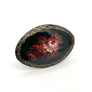 Vintage Hand Painted 2.5" Floral Wood Brooch // Retro Handmade Signed Black Oval Jewelry Pin, Gift for Her