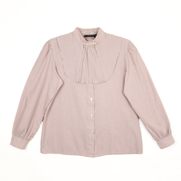 Vintage 70s / 80s Jean de Pierre Bib Collar Blouse  ///  Retro High Neck Pleated Collar Pink Striped Plus Size Shirt