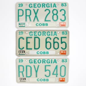 1980s Georgia License Plates, Set of 3 // Vintage 80s Atlanta GA Metal License Plate Set, Wall Decor, Car Decor, Peach State Gift