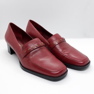Vintage Worthington Studded Leather Loafers - US Size 6 // Retro Crimson Red Chunky Heel Slip On Shoes