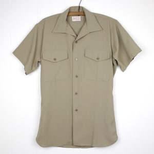 Vintage 70s Marine Corps Khaki Dress Shirt // Retro 1970s Short Sleeve USMC Military Uniform Shirt, Tan Collared Shirt