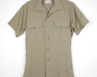 Vintage 70s Marine Corps Khaki Dress Shirt // Retro 1970s Short Sleeve USMC Military Uniform Shirt, Tan Collared Shirt
