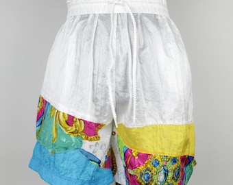 Pantaloncini vintage anni '90 con stampa originale e coulisse, taglia M • Pantaloncini sportivi a vita alta con tasche • Abbigliamento sportivo estivo Y2K Clipper Bay