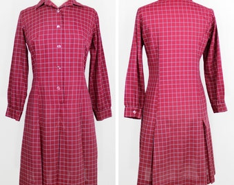 Vintage 60s Martha Moore Pleated Shirtdress  ///  Retro 1960s Red Drop Waist Long Sleeve Collared Scooter Dress