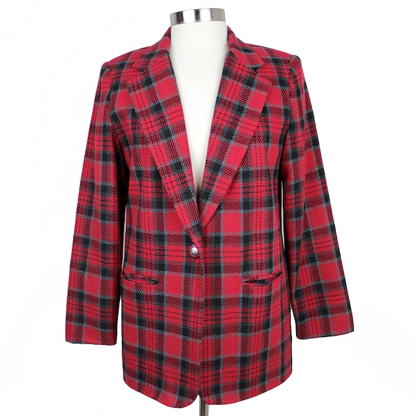 Vintage 80s Plaid Wool Blazer  ///  Retro 1980s Requirements Red Suit Jacket with Pockets