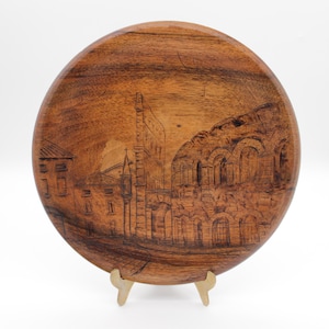 Vintage 9&quot; Hand Carved Folk Art Decorative Wooden Plate // Handmade Solid Wood Round Landscape Wall Hanging, Plaque, Dish, Gift