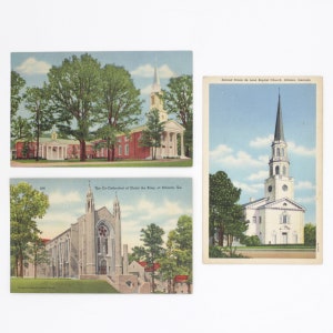 3er Pack Vintage Atlanta Church Postkarten /// Retro 1940s unbenutztes Georgia Linen Postkartenset