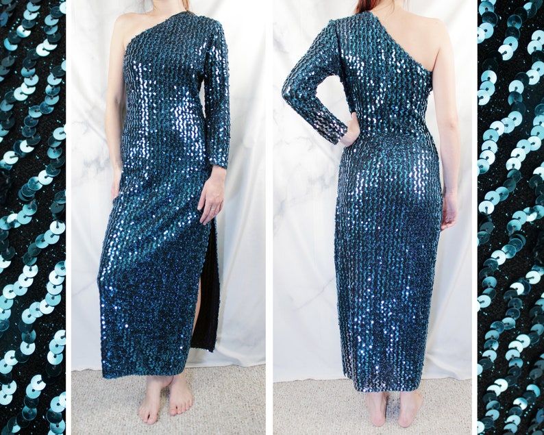 Vintage 80s One Shoulder Sequin Gown Retro 1980s Blue Femme Fatale Long Maxi Party Dress