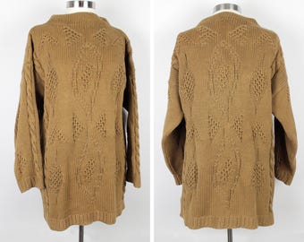 Vintage Harold&#39;s Chunky Cable Knit Sweater // Retro 90s Tan Long Oversized Pullover Fisherman Sweater, Sweater Dress