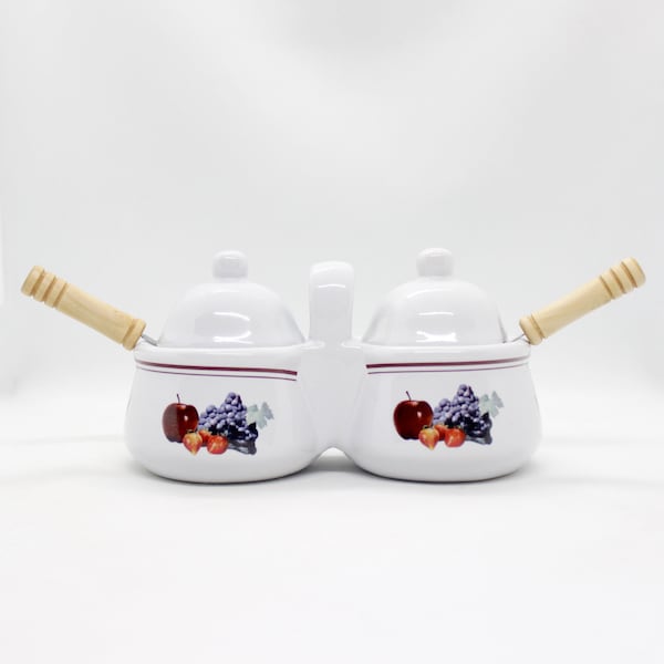 Vintage Ceramic Double Jelly Jam Serving Dish with Spoons  ///  Retro Houston Harvest Lidded Breakfast Serveware Condiment Cups