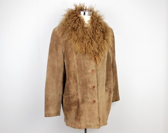 Vintage 90s Does 70s Shearling Trim Suede Jacket  ///  Retro 1990s Siena Studio Fur Trim Tan Leather Jacket